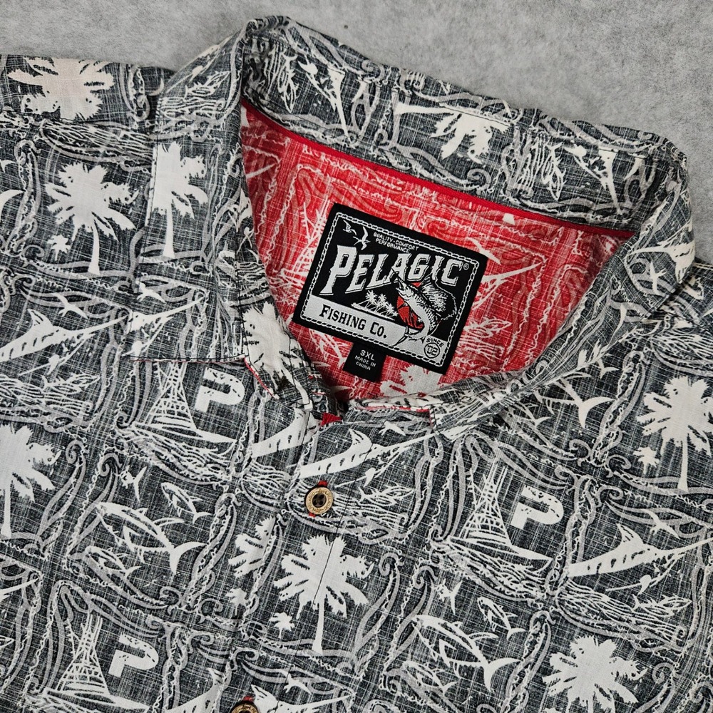 Pelagic (Men's 3XL) Gray Fishing Marlin Palm Reverse Print Button Shirt Hawaiian